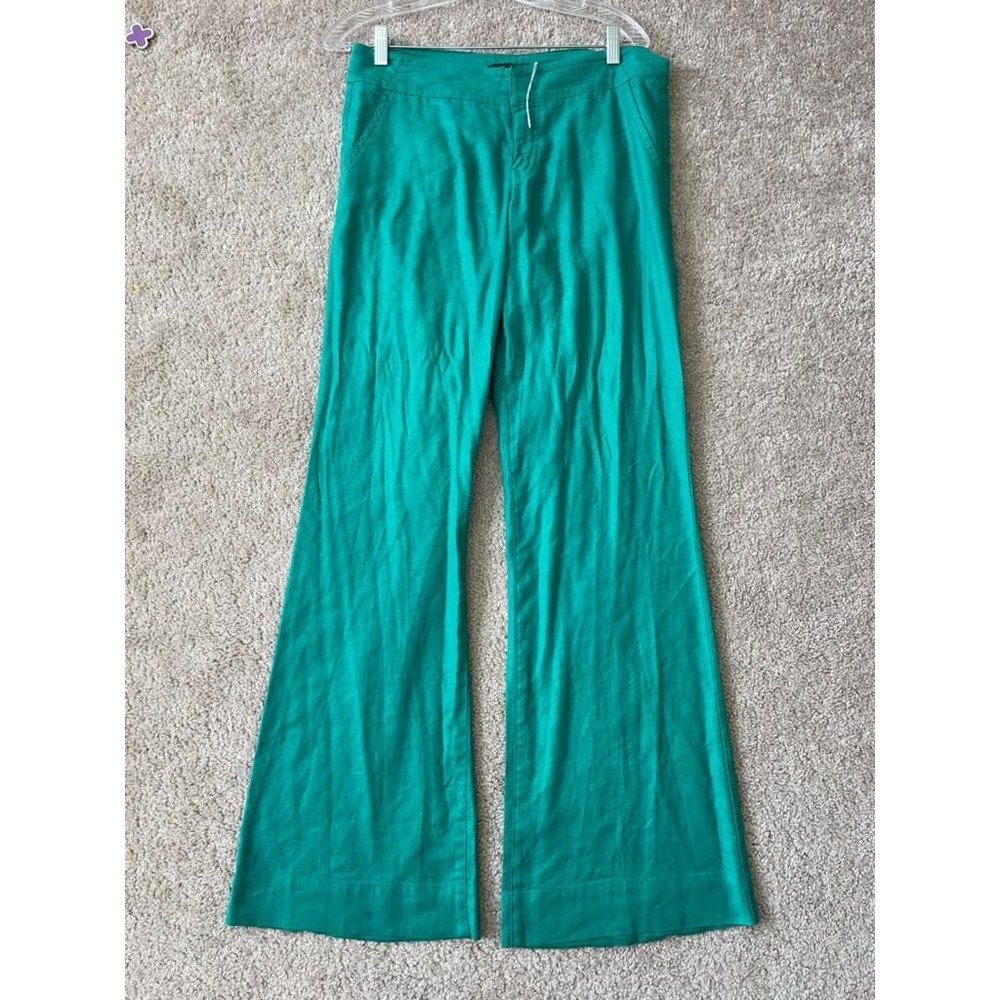 Antropologie Level 99 Green Linen Tencel Wide Leg Flare Pants 27 BohoChic Casual